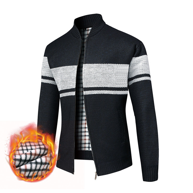 Men's thermal knitted zip jacket with stand-up collar and checkered fleece lining Chichicherry