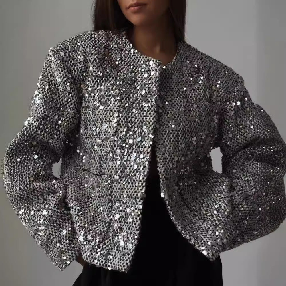 Women's short jacket with sequin trim and bouclé structure Chichicherry