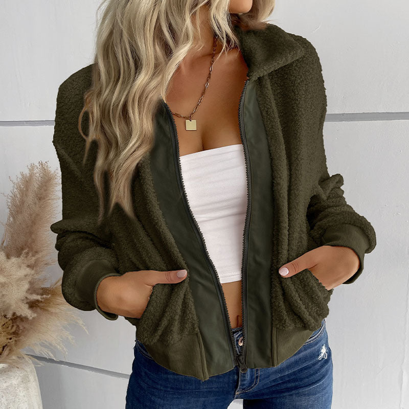 Women's Teddy Fleece Bomber Jacket with Stand-Up Collar, Full Zipper and Ribbed Cuffs Chichicherry