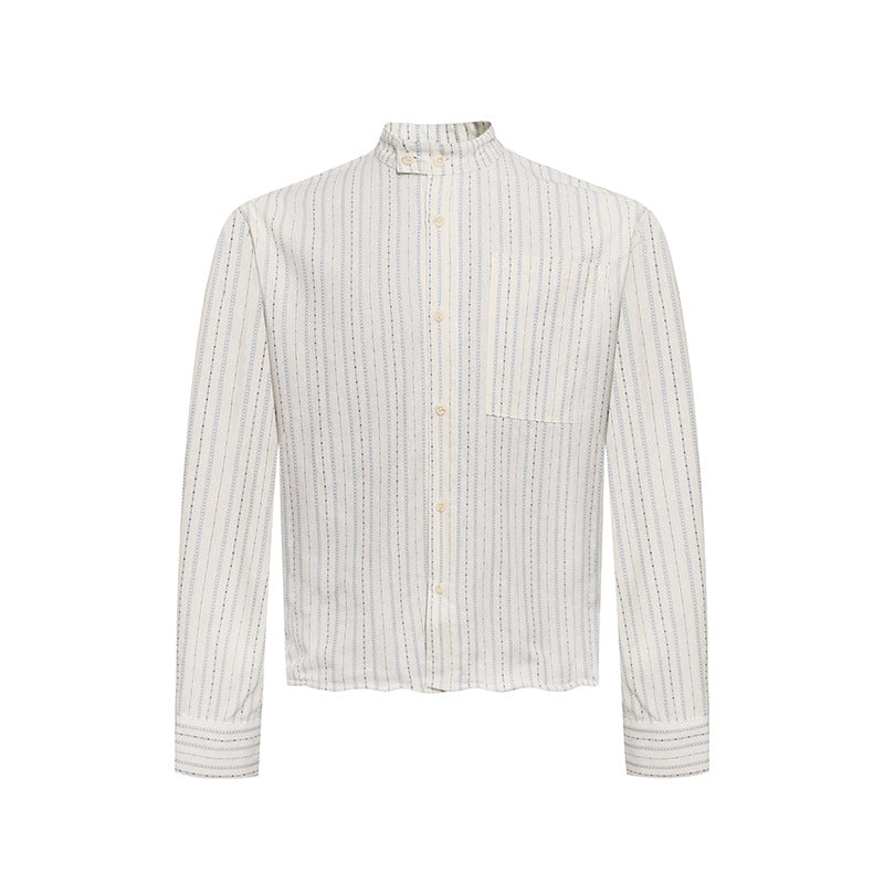 Men's Lightweight Long Sleeve Shirt with Stand-Up Collar, Fine Striped Pattern and Breast Pocket Chichicherry