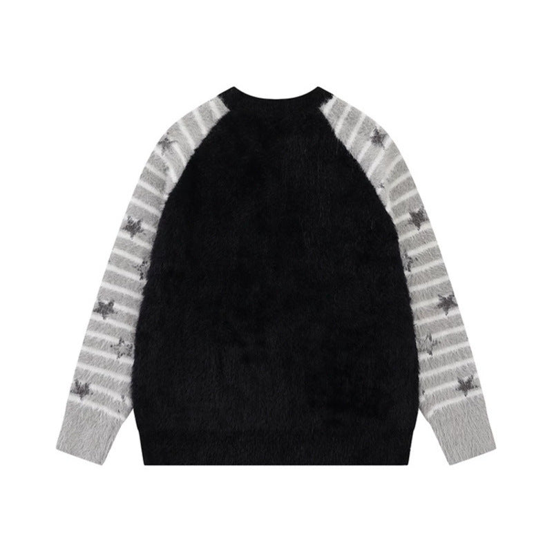 Women Soft Fluffy Knit Sweater with Integrated Tube Scarf and Manga Illustration Chichicherry