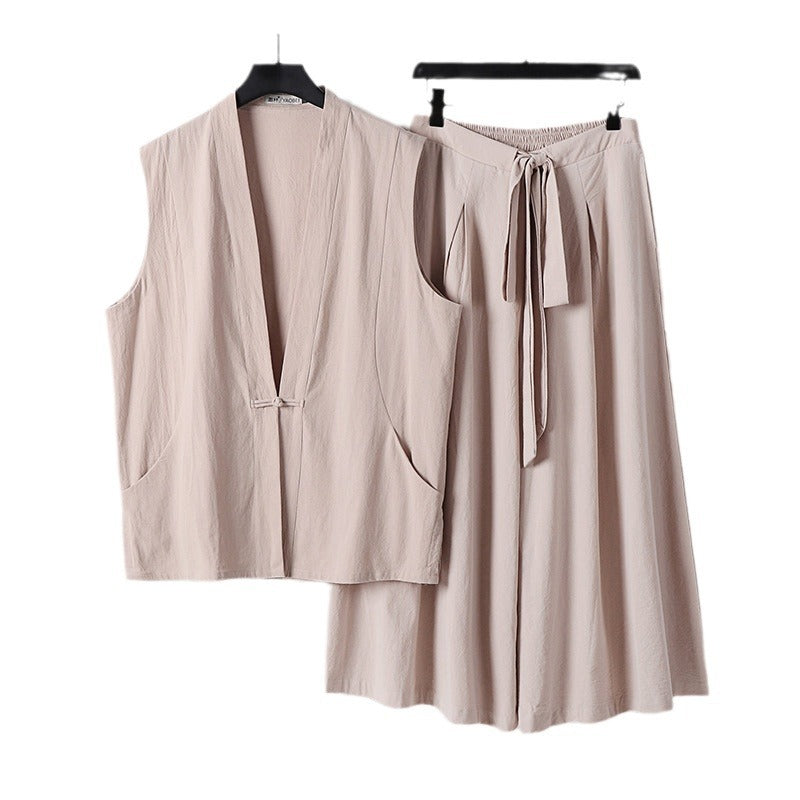 Women's Sleeveless Kimono Loungewear Set made of lightweight Viscose-Linen with Tied Vest and Wide Palazzo Pants Chichicherry