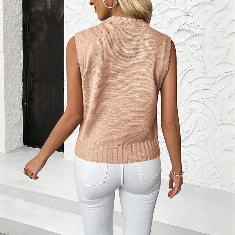Women's Sleeveless Cable Knit Vest with Slit Collar Chichicherry