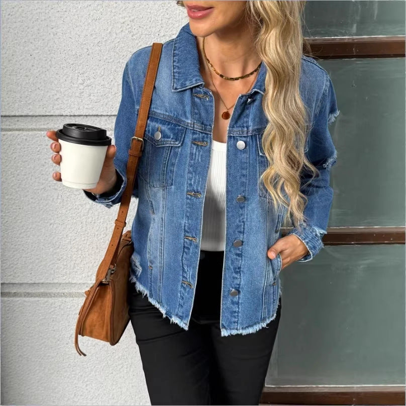Women's denim jacket with casual destroyed sleeves and raw hem Chichicherry