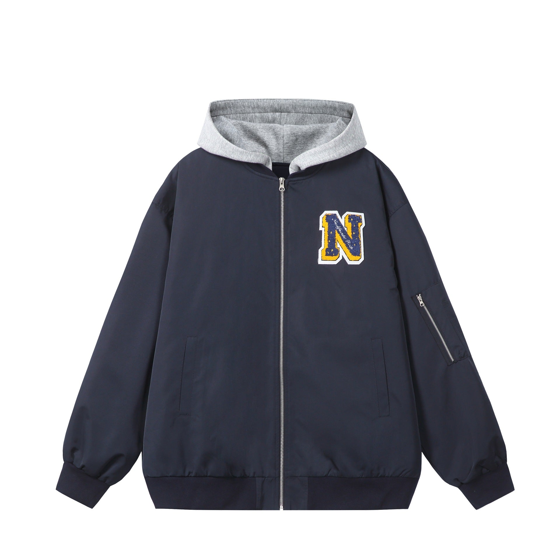 Unisex Boxy-Multi-layer Bomber Jacket with Integrated Hood and Collegiate Patch Chichicherry