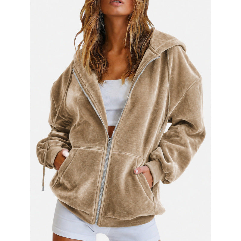 Ladies velours zip jacket with kangaroo pockets and drawstring hood Chichicherry