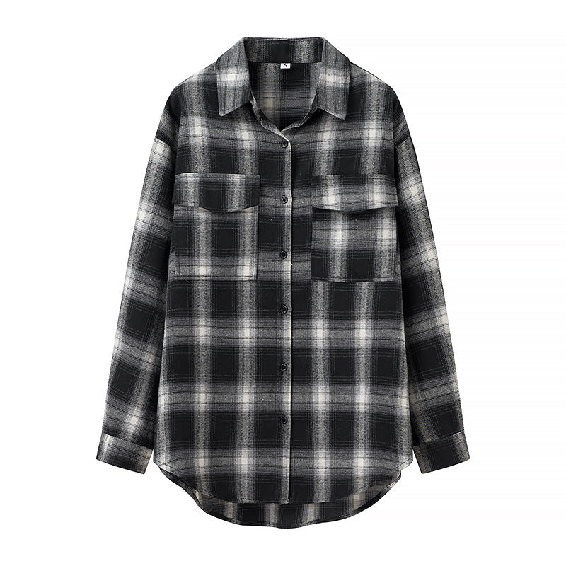 Women's Oversized Check Shirt Blouse with Patch Breast Pockets and Rounded Hem Chichicherry