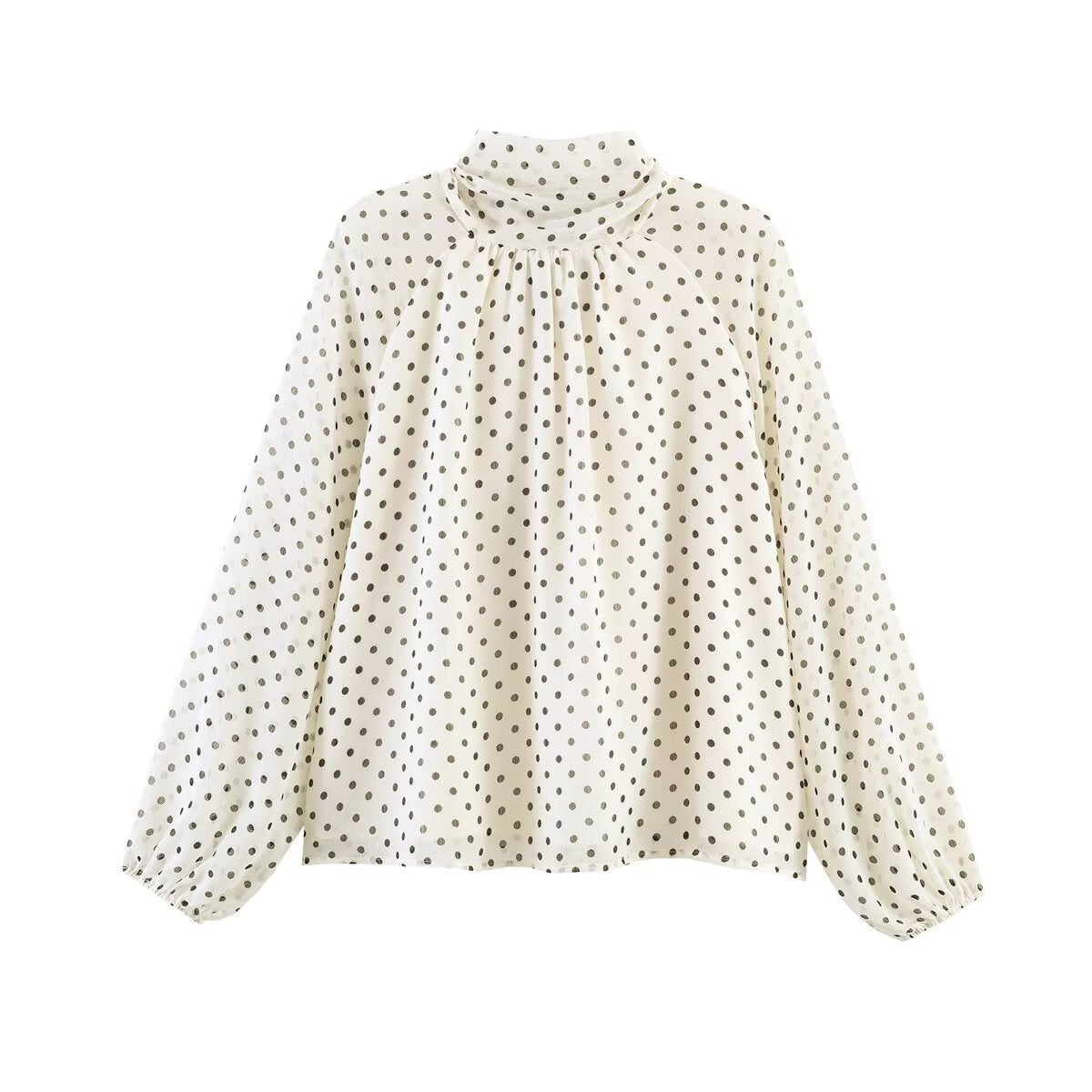 Women's Polka Dot Blouse with High Stand Collar, Ruffled Neckline and Balloon Sleeves Chichicherry