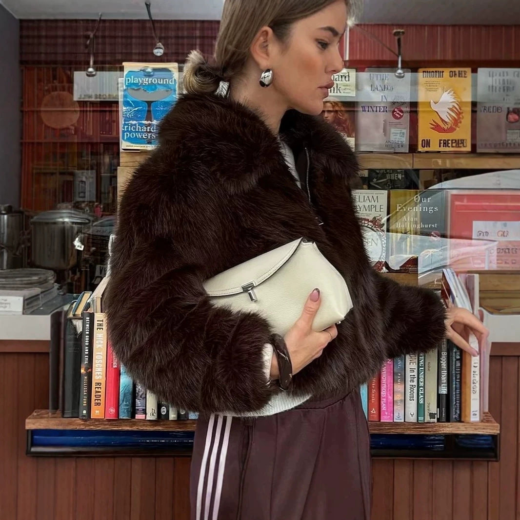 Women's Cropped Faux Fur Boxy Jacket with High Stand-Up Collar and Extra Soft Long Pile Chichicherry