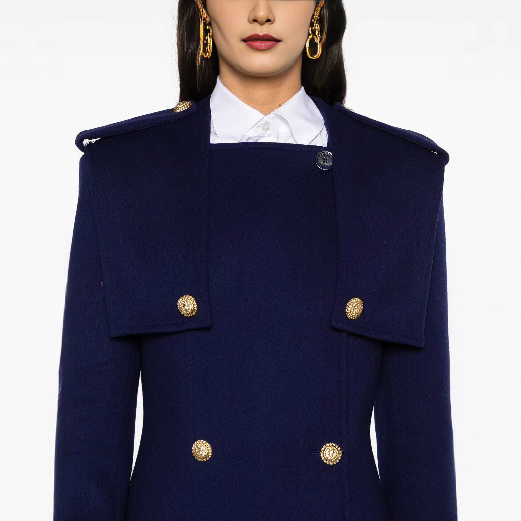 Women's Double-Breasted Coat with Cape Insert, Epaulettes and Decorative Straps Chichicherry