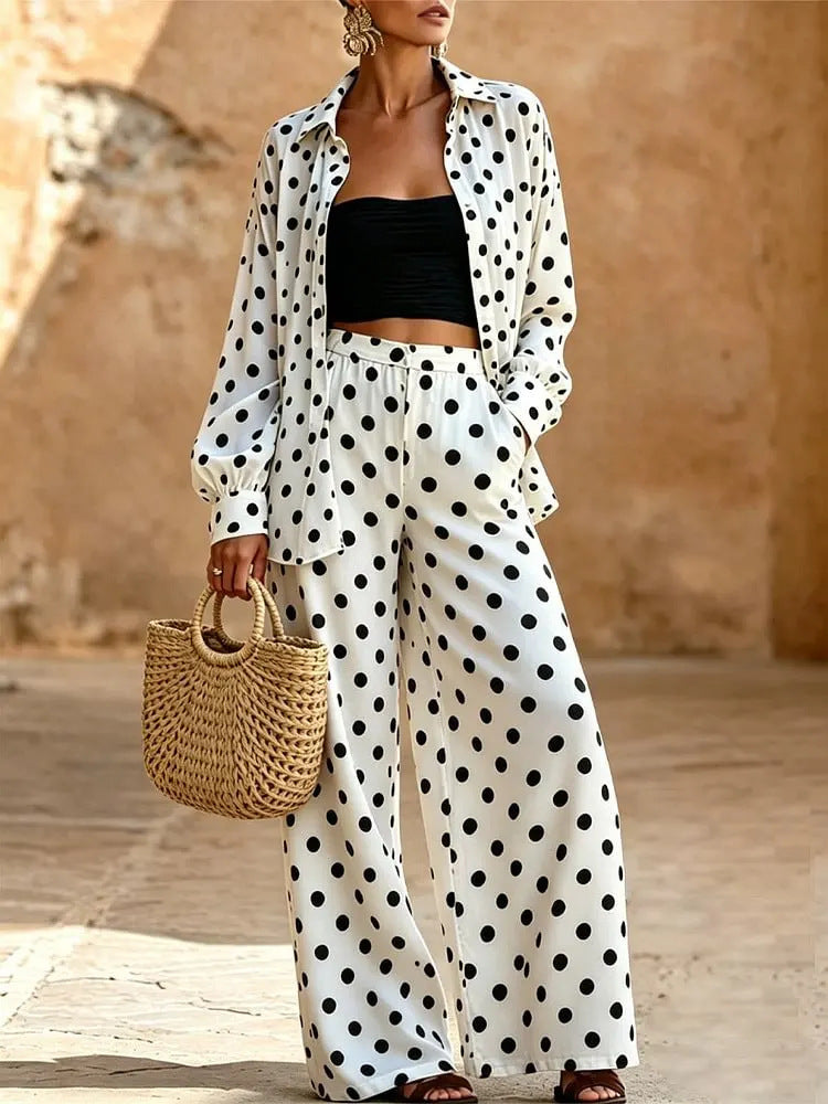 Women's Two-Piece Polka Dot Loungewear Set with Loose Shirt and Palazzo Pants Chichicherry