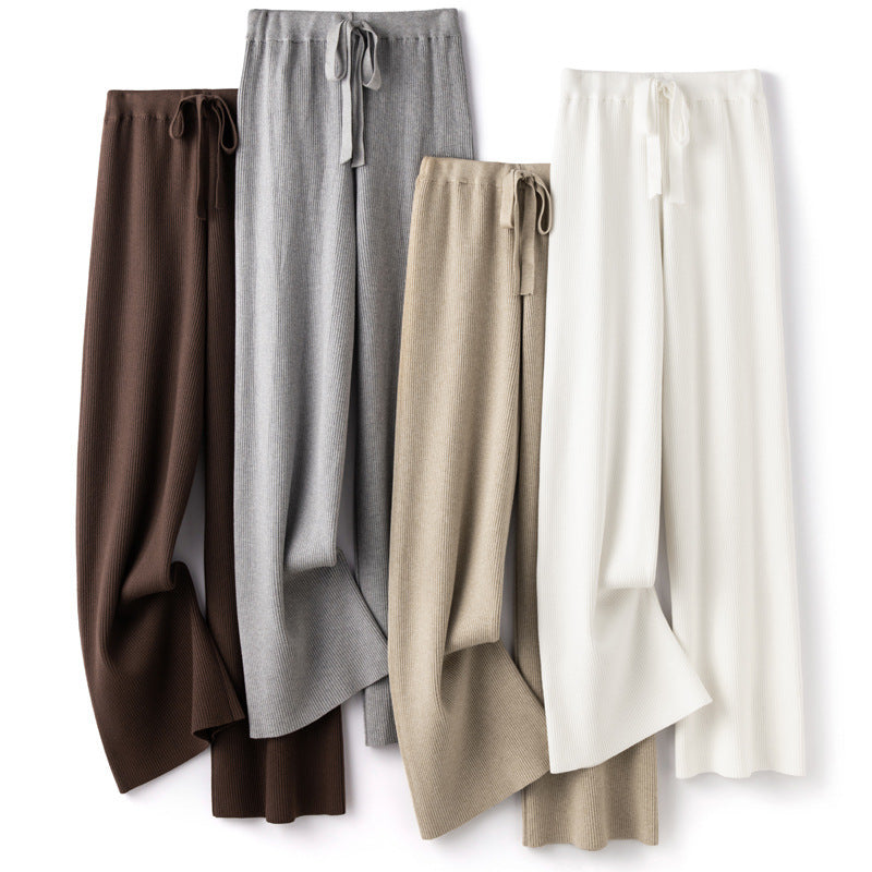 Women’s Wide Ribbed Knit Pants with Drawstring and Flowing Palazzo Silhouette Chichicherry