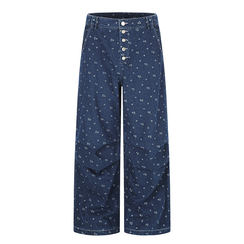 Women's High-Waist Culotte Jeans in Palazzo Cut with Visible Button Placket and Fine Floral Print Chichicherry