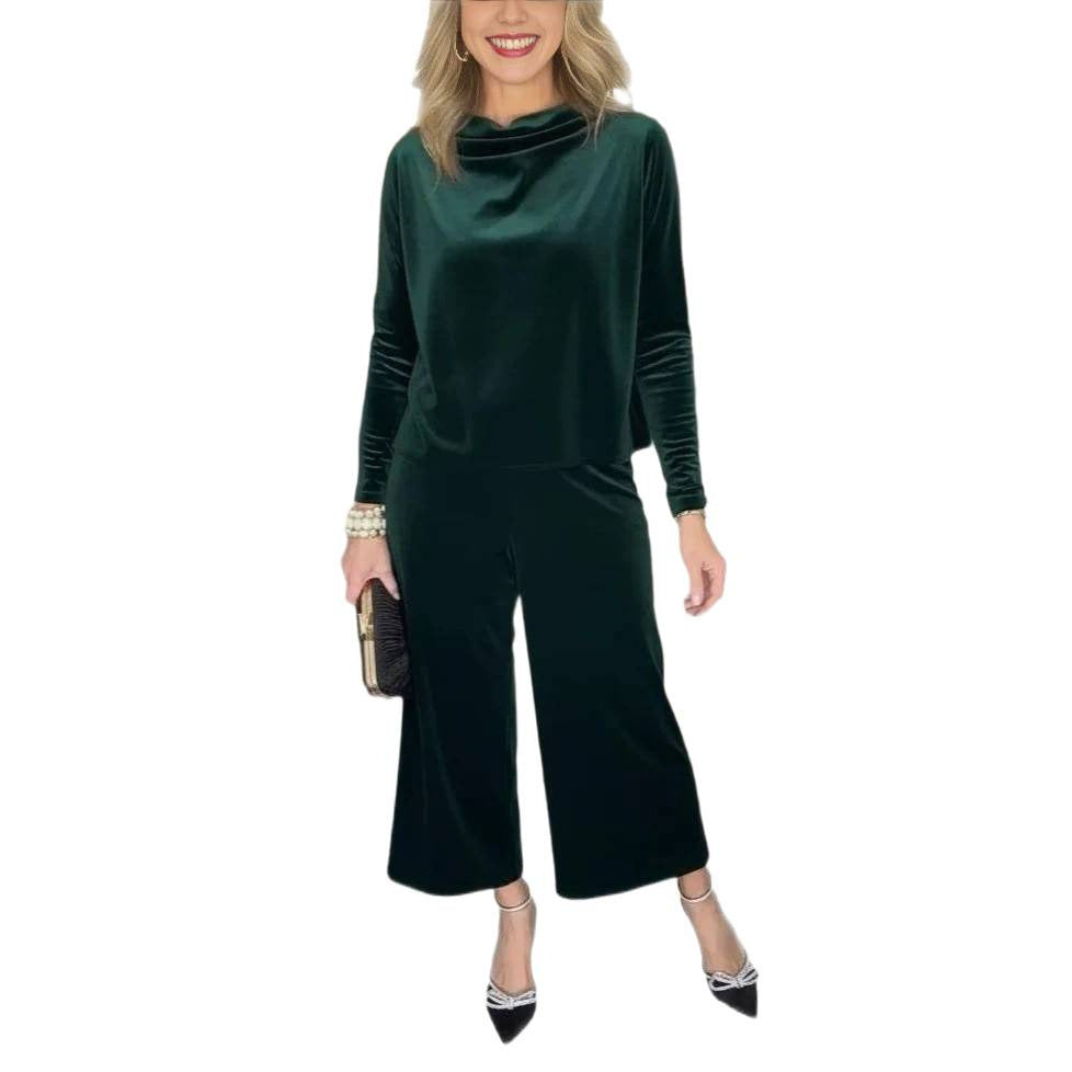 Women's Elegant Velvet Two-Piece with Waterfall Collar and Wide Culotte Pants Chichicherry
