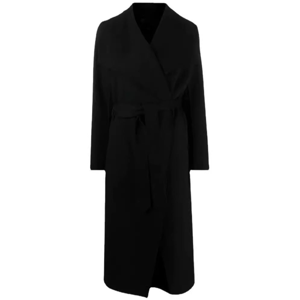 Women Midi-Length Wrap Coat with Oversized Shawl Collar and Concealed Zipper Pockets Chichicherry