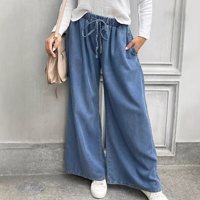 Women's Relaxed Palazzo Jeans with Drawstring Waist, Side Pockets and Extra Wide Leg Chichicherry