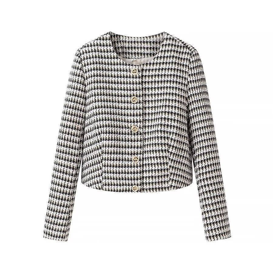 Women Tailored Boucle Short Blazer with Houndstooth Pattern and Decorative Buttons Chichicherry