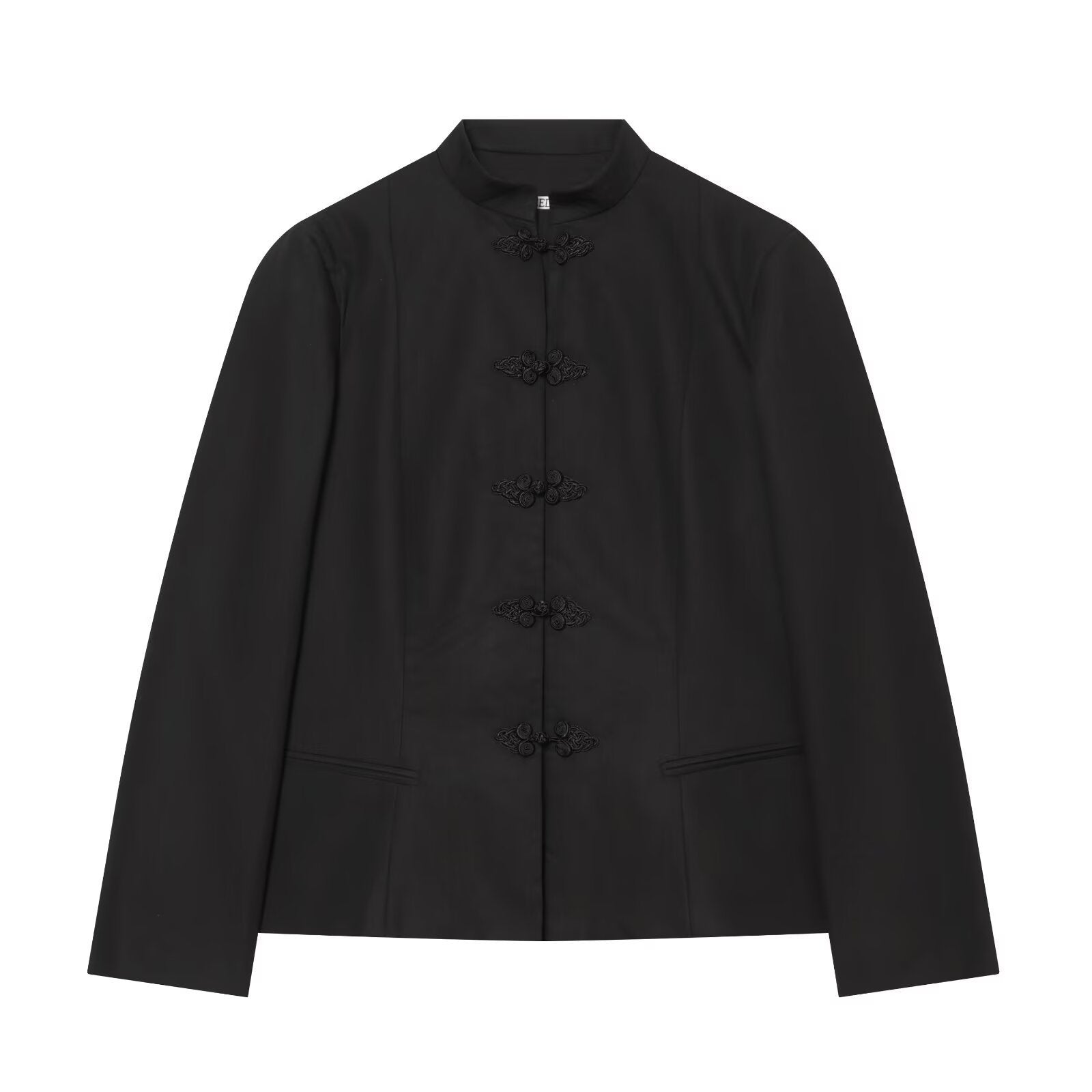 Women's Tailored Short Blazer with Mandarin Stand Collar and Decorative Frog Closures Chichicherry