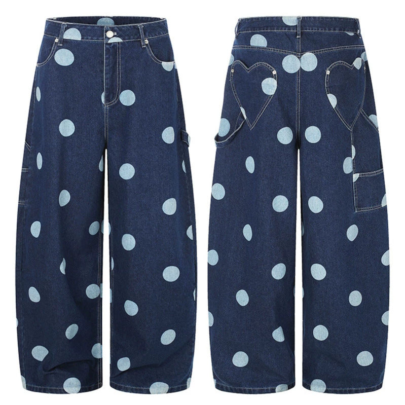 Women High-Waisted Wide Jeans Culotte with Polka Dot Print and Utility Details Chichicherry