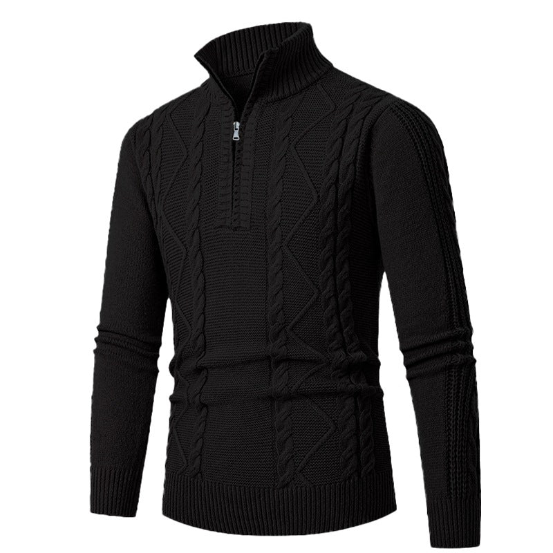 Men's Premium Cable Knit Half-Zip Pullover with High Collar and Texture Mix Chichicherry