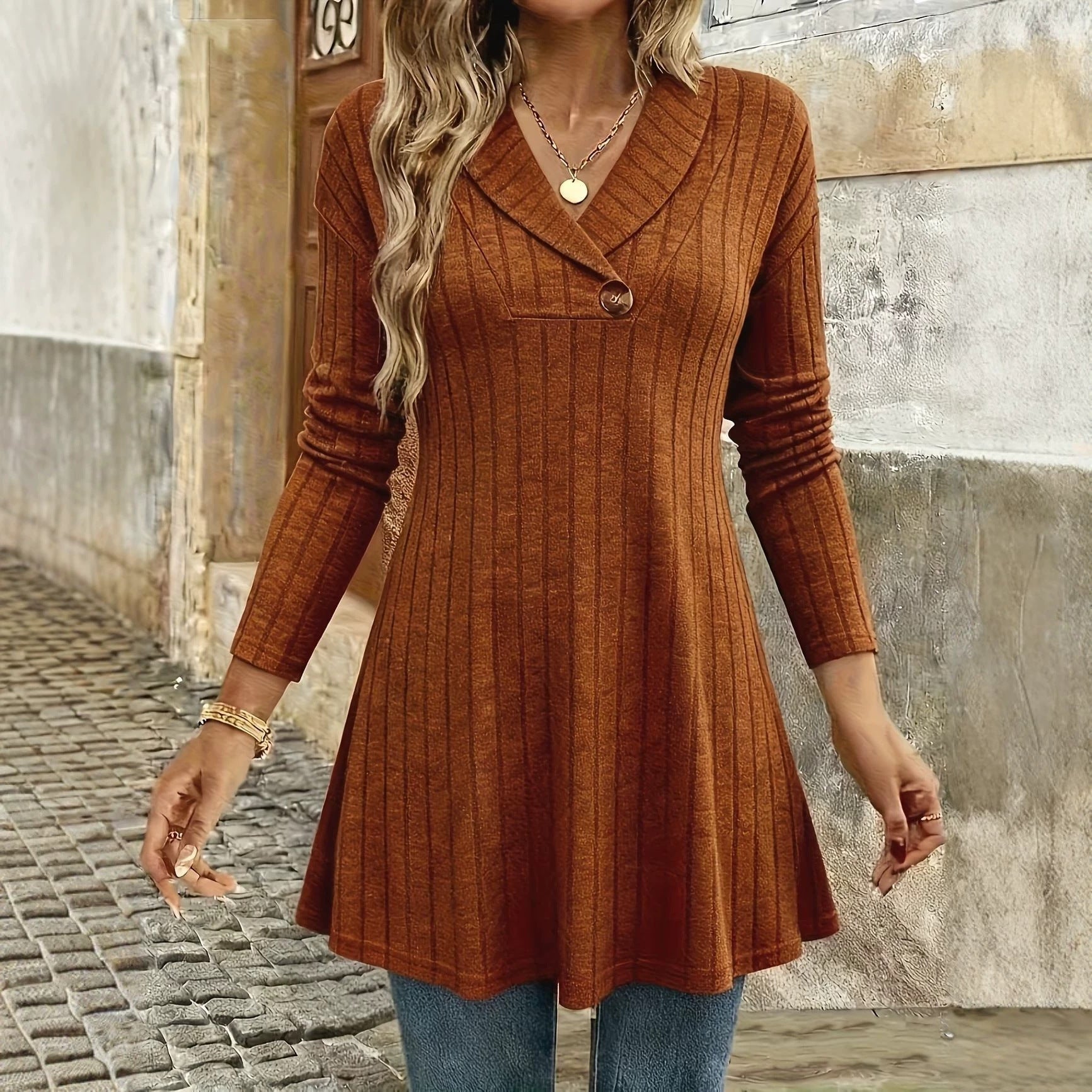 Women Knitted A-Line Tunic Dress with Lapel and Decorative Button Chichicherry
