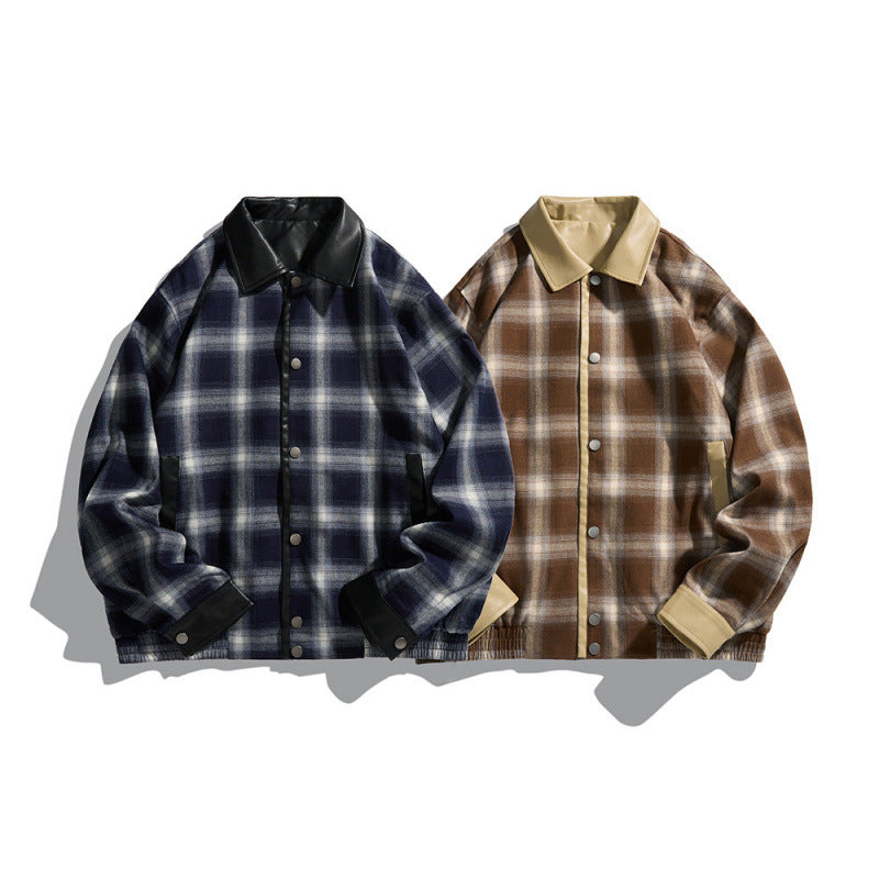 Men's Boxy Checkered Shirt Jacket with Faux Leather Collar, Snap Button Closure and Leather Accents Chichicherry