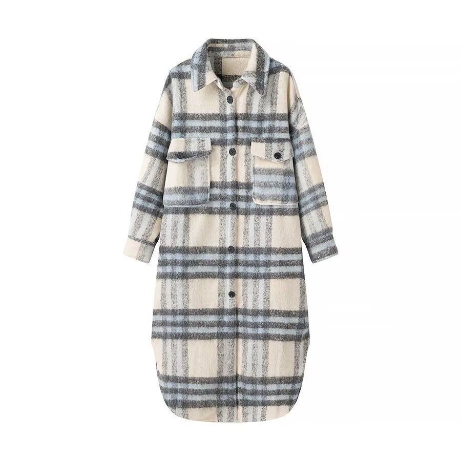 Women's Oversize Shirt Dress Coat made of Wool Blend with Check Pattern Chichicherry
