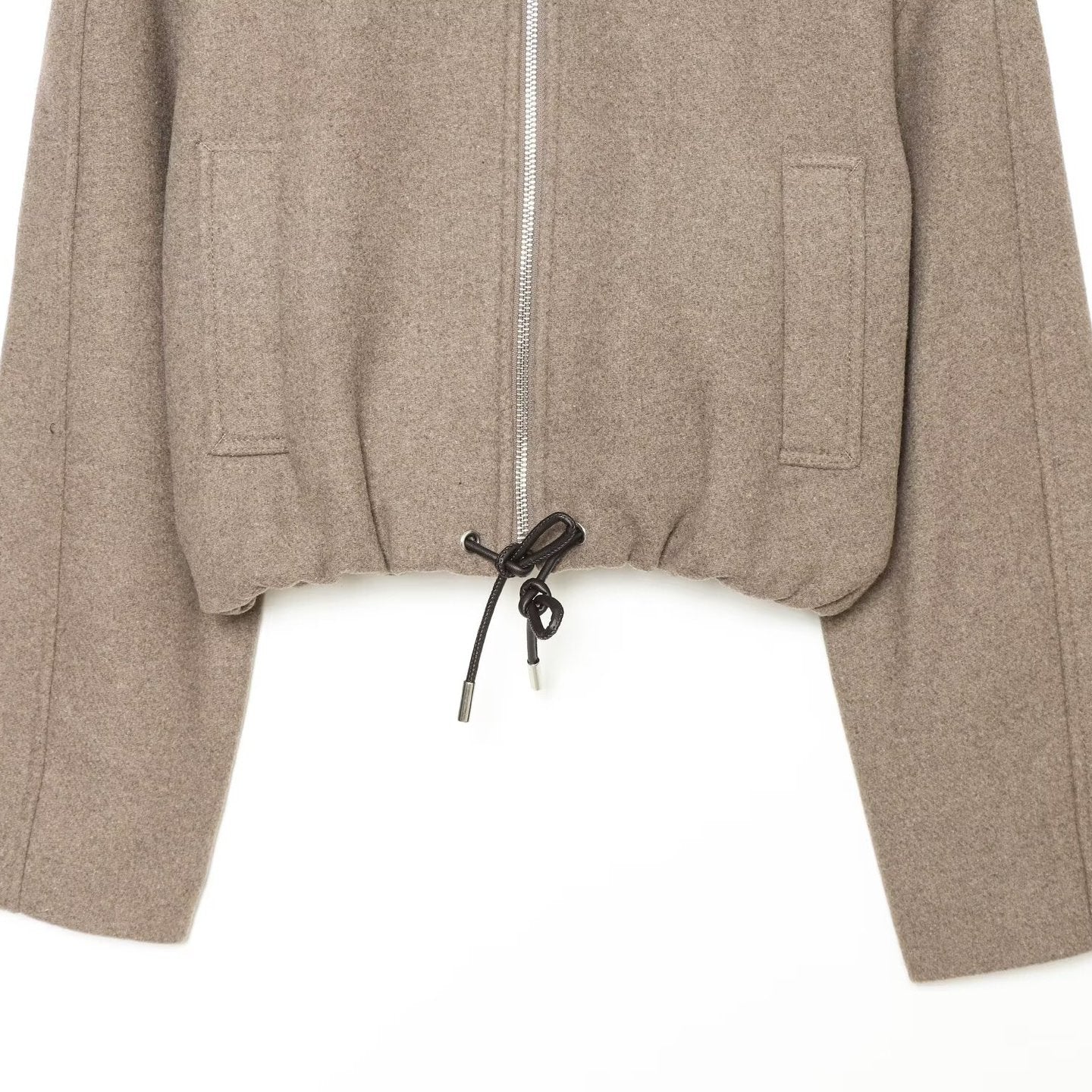 Women's short wool blend jacket with front zipper and drawstring hem Chichicherry