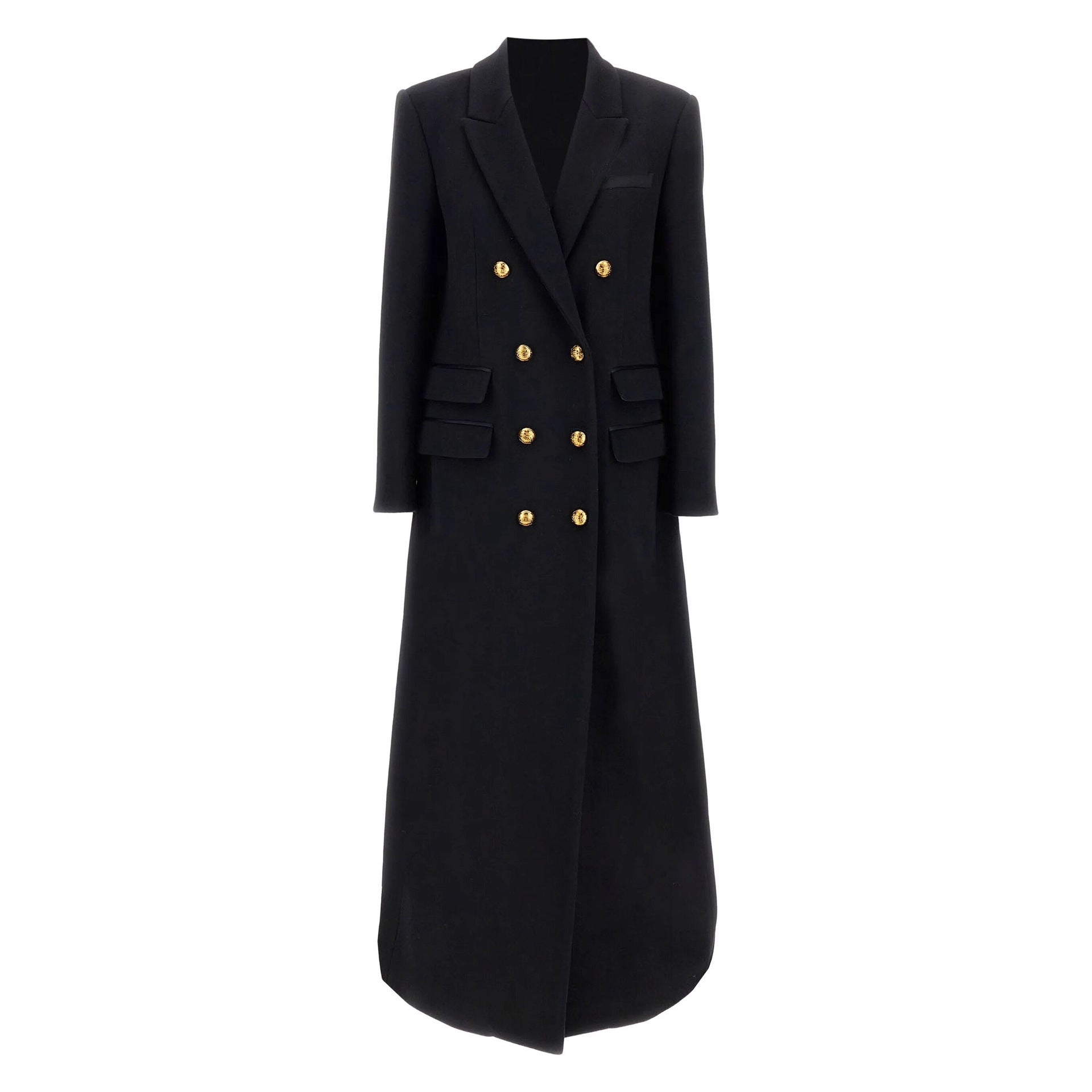 Women double-breasted wool coat with gold buttons, shoulder pads, and flap pockets Chichicherry