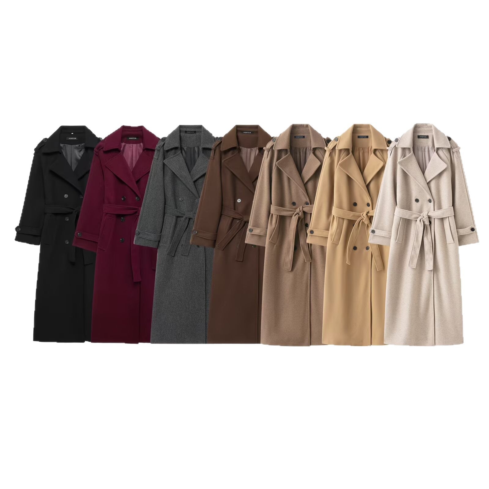 Women Long Double-breasted Trench Coat with Belt and Shoulder Straps Chichicherry