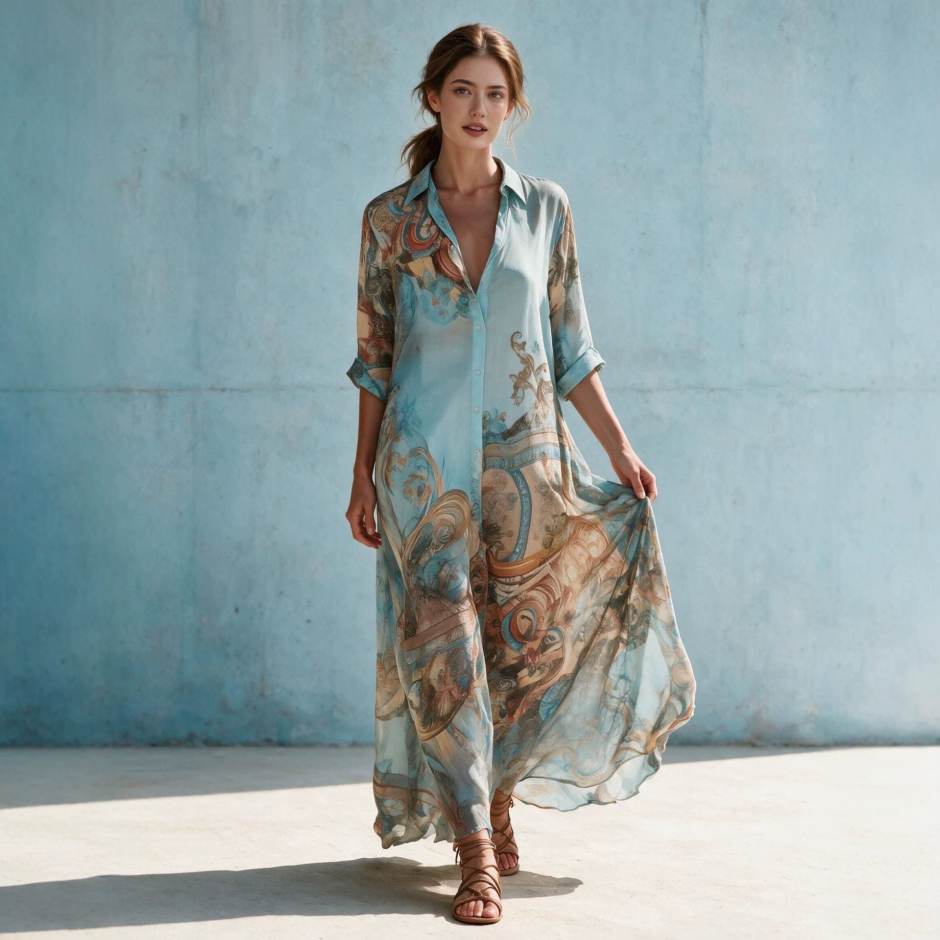 Damen Hemdblusenkleid Maxikleid in fließender Seidenoptik mit kunstvollem Allover-Print und 3/4-Ärmeln Chichicherry