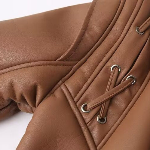 Women's Short Faux Leather Jacket with Teddy Lining, Shawl Collar and Waist Belt Chichicherry