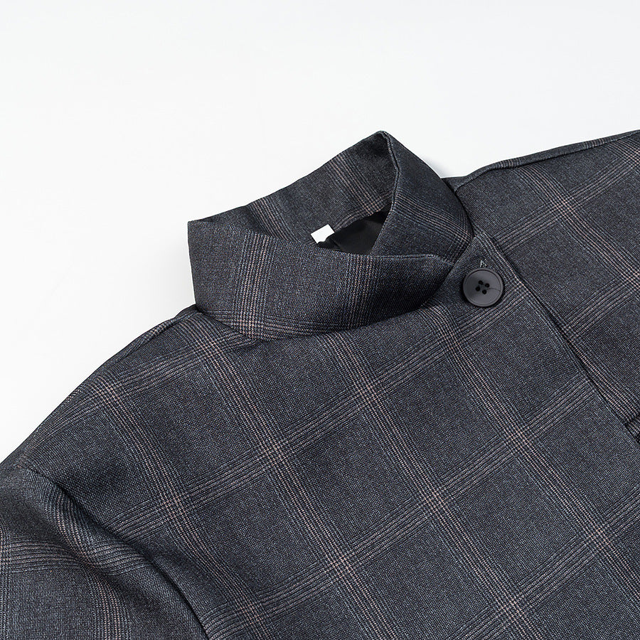Men's Checked Stand Collar Blazer with Asymmetrical Button Placket and Patching Pockets Chichicherry