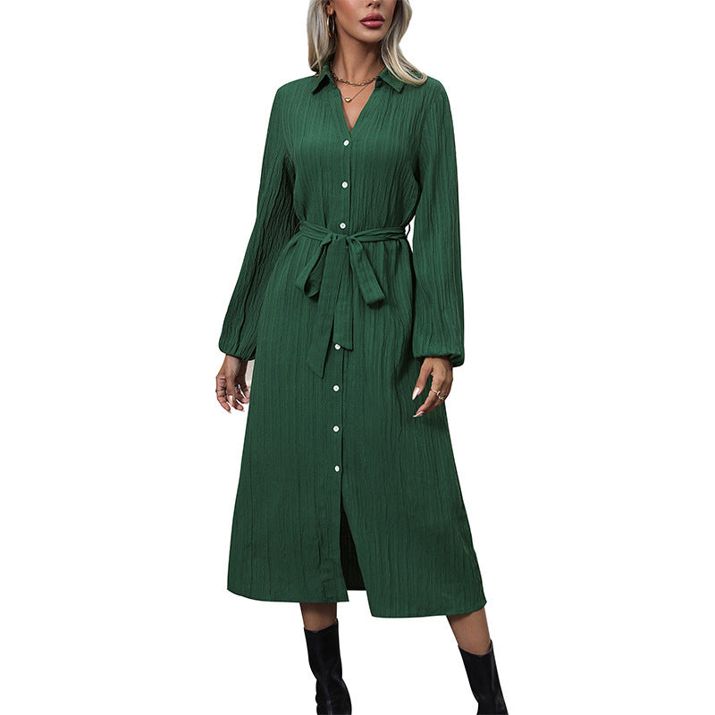 Women's shirt dress made of crinkle viscose with continuous button placket and waistbelt Chichicherry