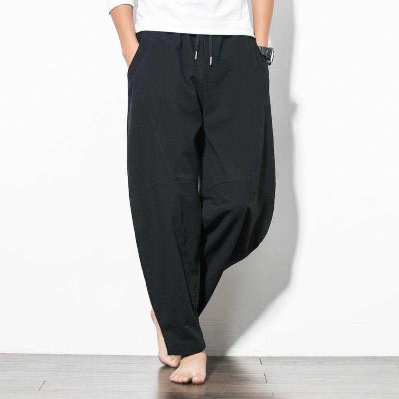 Men's loosely cut linen-cotton harem pants with drawstring and side pockets Chichicherry