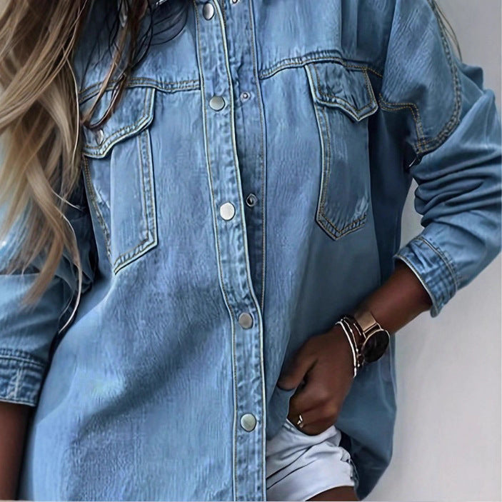 Women's Oversize Denim Shirt Jacket with Fringe Hem, Chest Pockets and Destroyed Detail Chichicherry