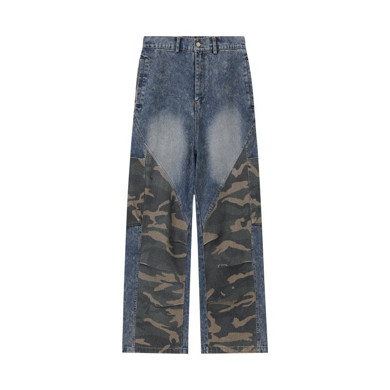 Women Wide High-Waist Denim Cargo Pants with Camouflage Inserts Chichicherry