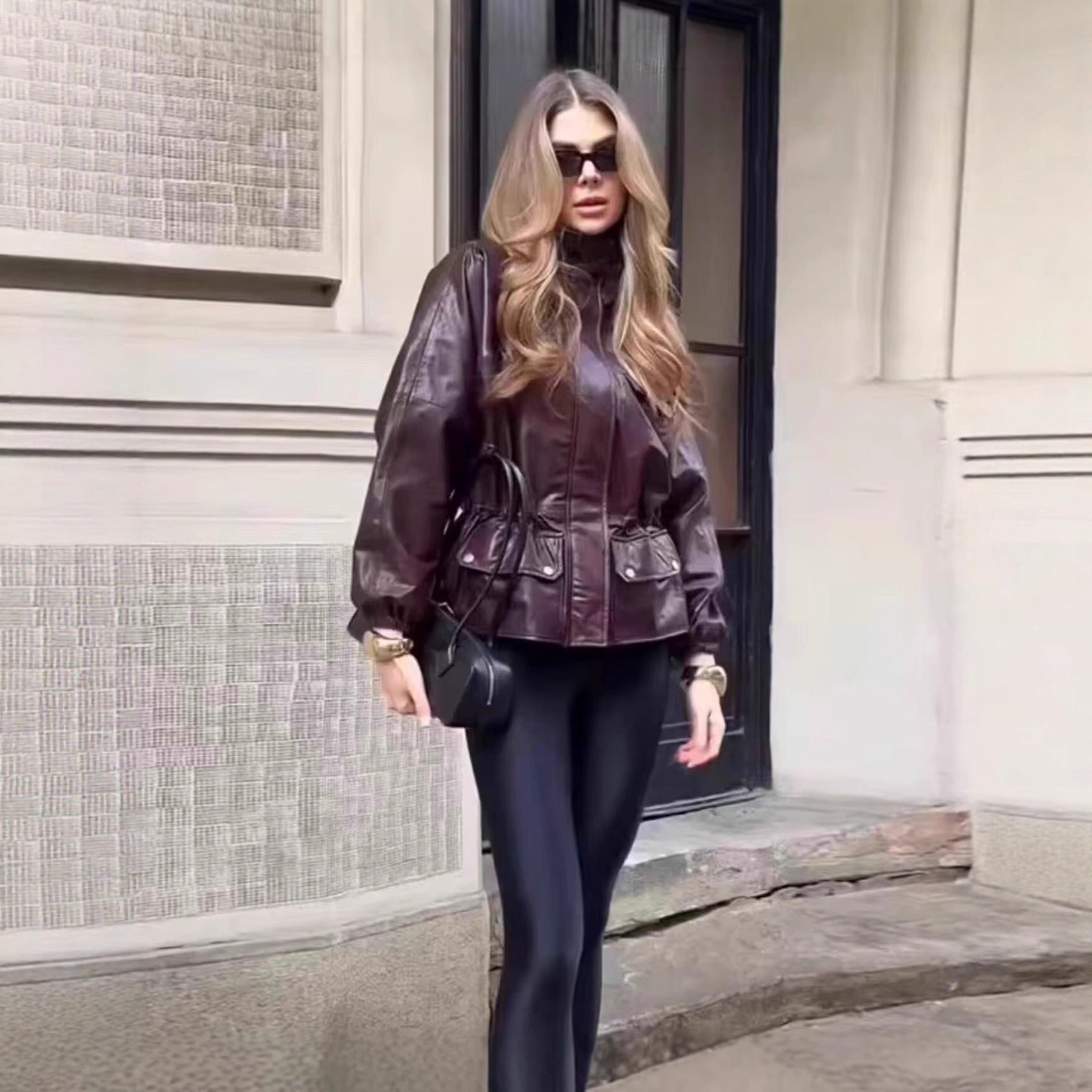 Women Faux Leather Parka with Stand Collar, Waist Drawstring, and Placket Pockets Chichicherry