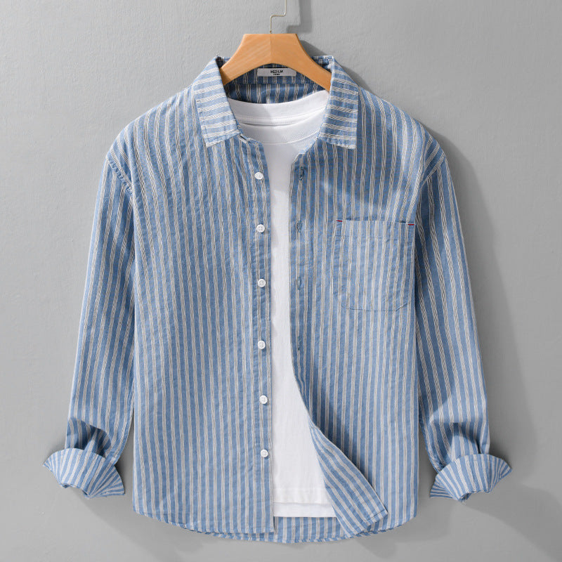 Men's Striped Linen-Cotton Shirt in Relaxed Fit with Kent Collar and Chest Pocket Chichicherry