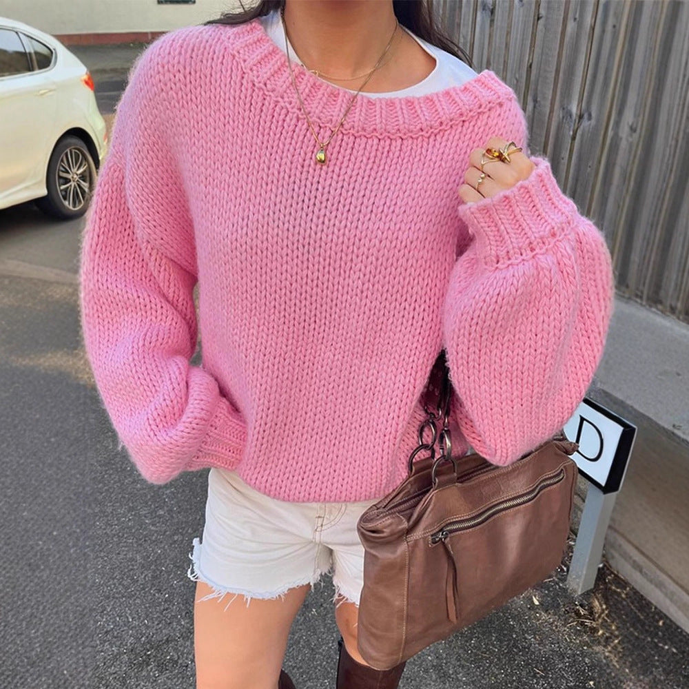 Women Oversize Chunky Knit Sweater with Balloon Sleeves and Wide Ribbed Collar Chichicherry