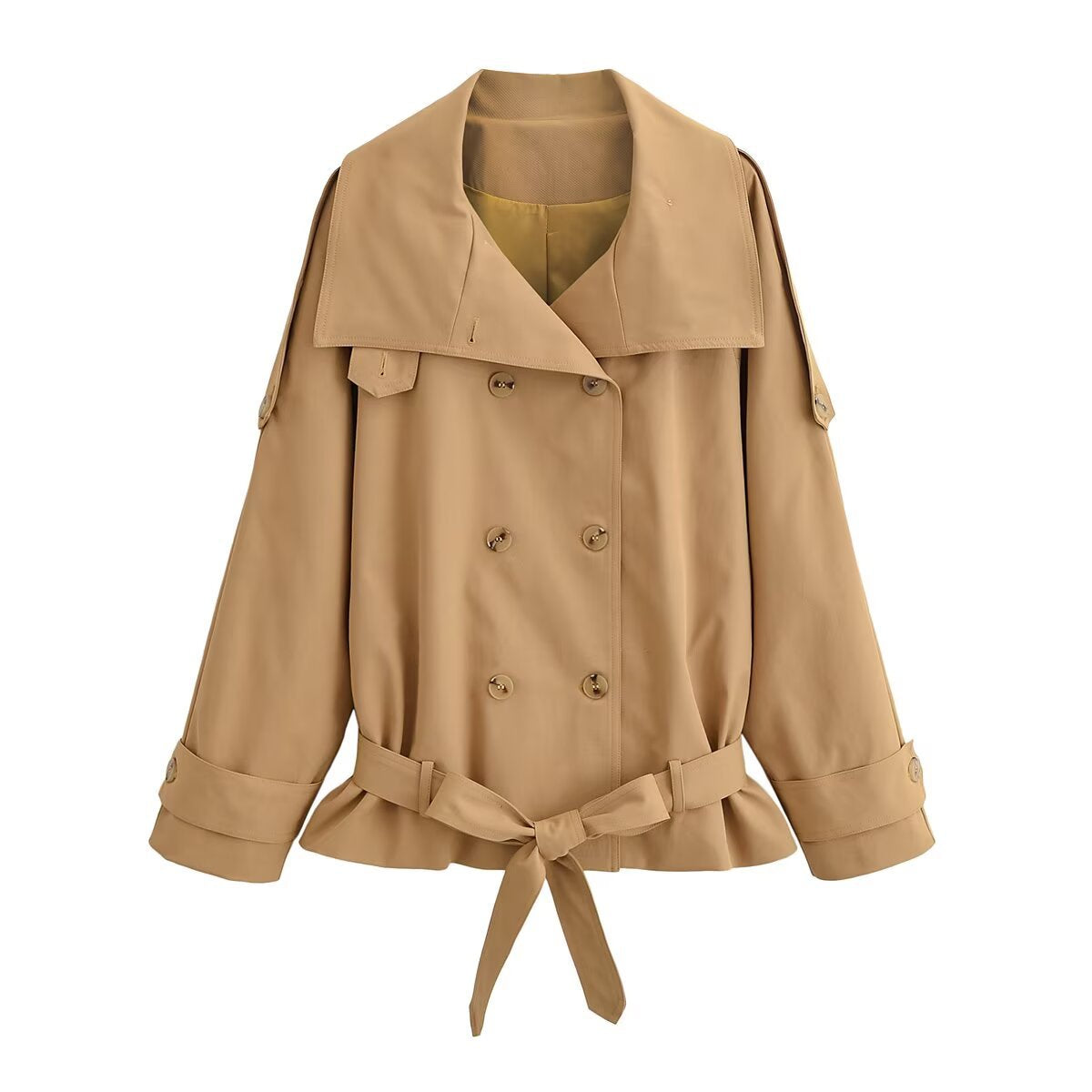 Women's Short Trench Coat with Cap Collar, Shoulder Tabs and Bow Tie Waist Belt Chichicherry
