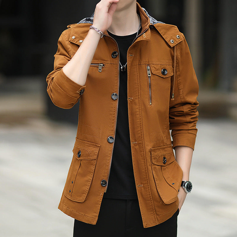 Men's lightweight canvas field jacket with hood, multifunction pockets and zipper Chichicherry