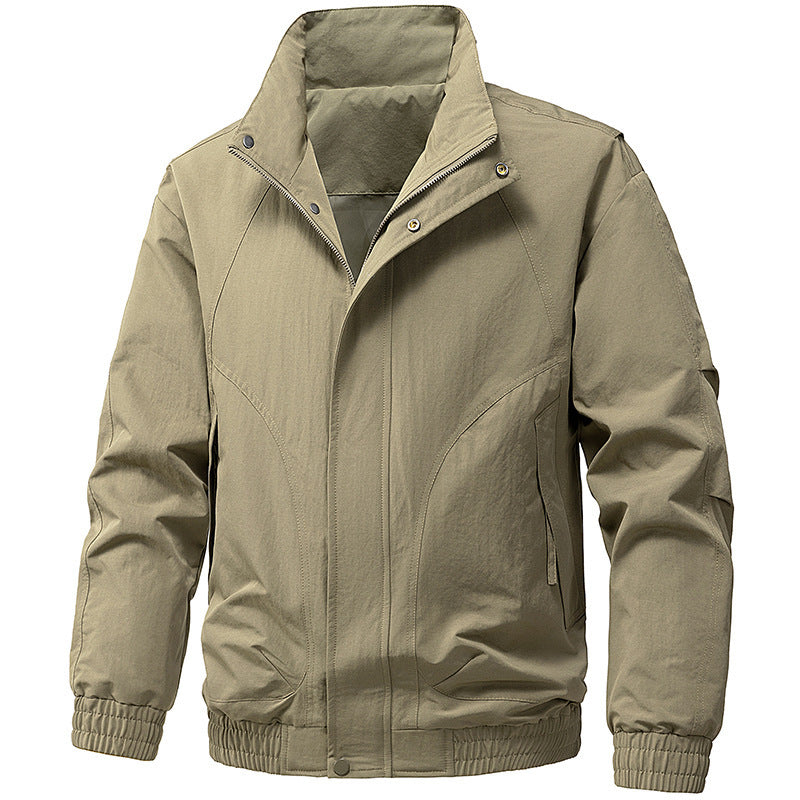 Men's Windproof Utility Bomber Jacket with Stand Collar, Elastic Cuffs, and Concealed Zipper Chichicherry