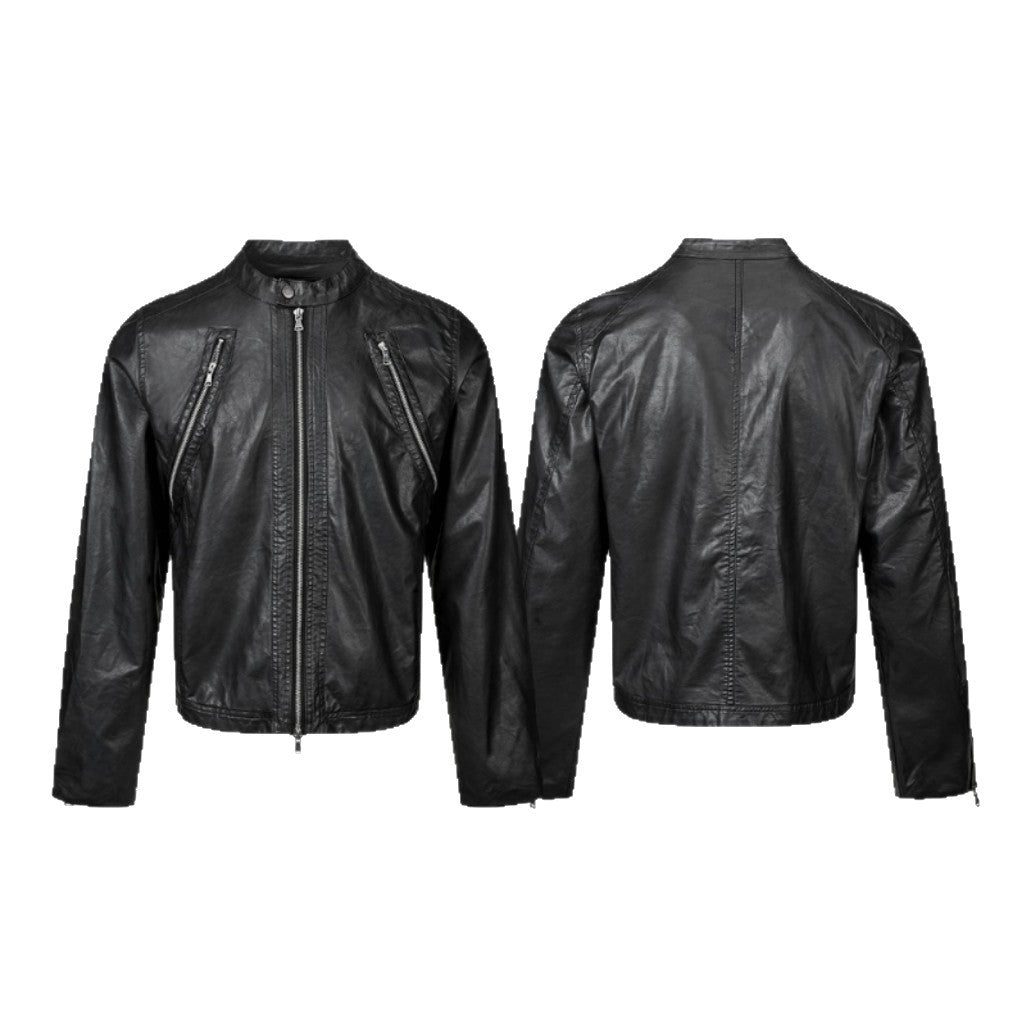 Men's vintage-inspired biker jacket with stand-up collar and two-way zipper Chichicherry