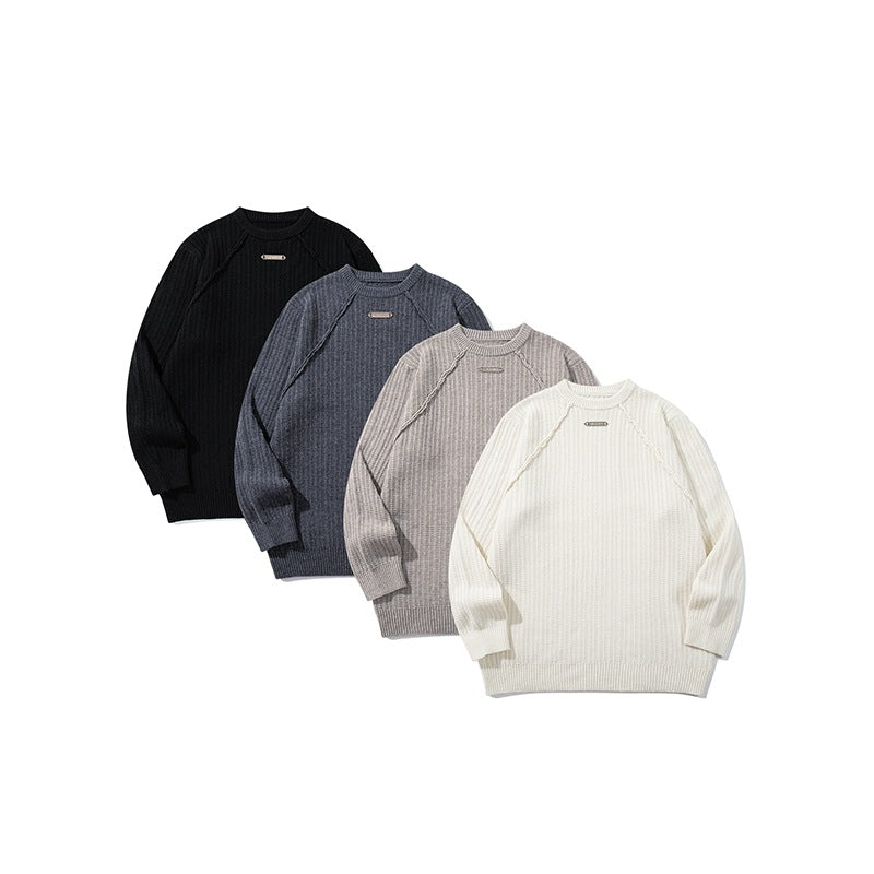 Unisex Structured Waffle Knit Crew Neck Sweater with Raglan Sleeves and Metal Logo Chichicherry