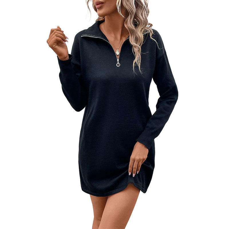 Women's Knitted Half-Zip Fine Knit Mini Dress with Stand-Up Collar and Ribbed Cuffs Chichicherry
