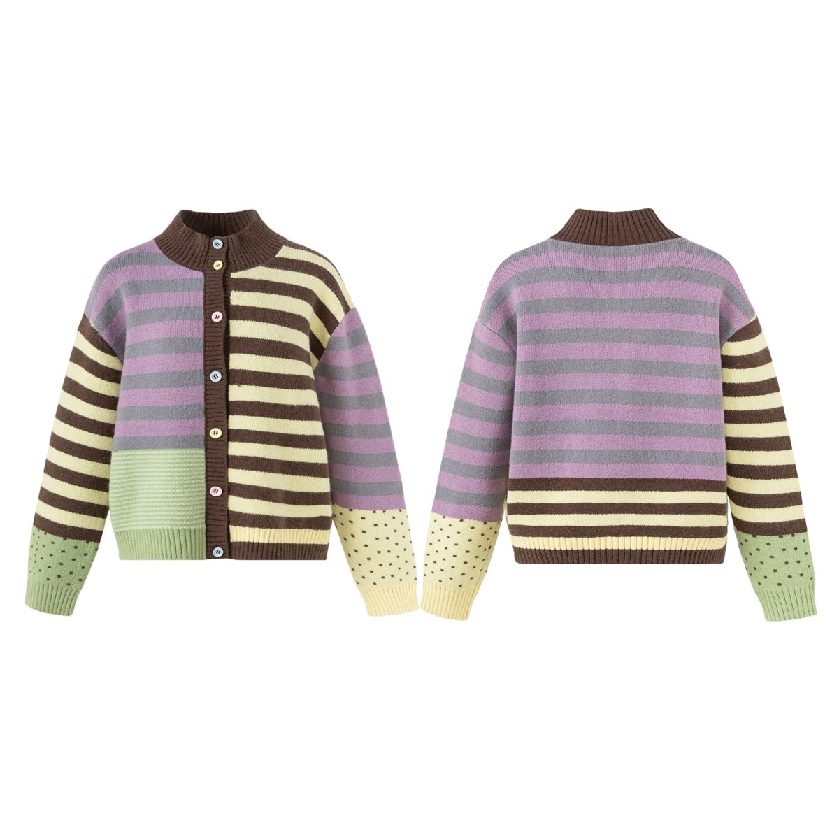 Women's cardigan in patchwork stripe mix with stand collar and button placket Chichicherry