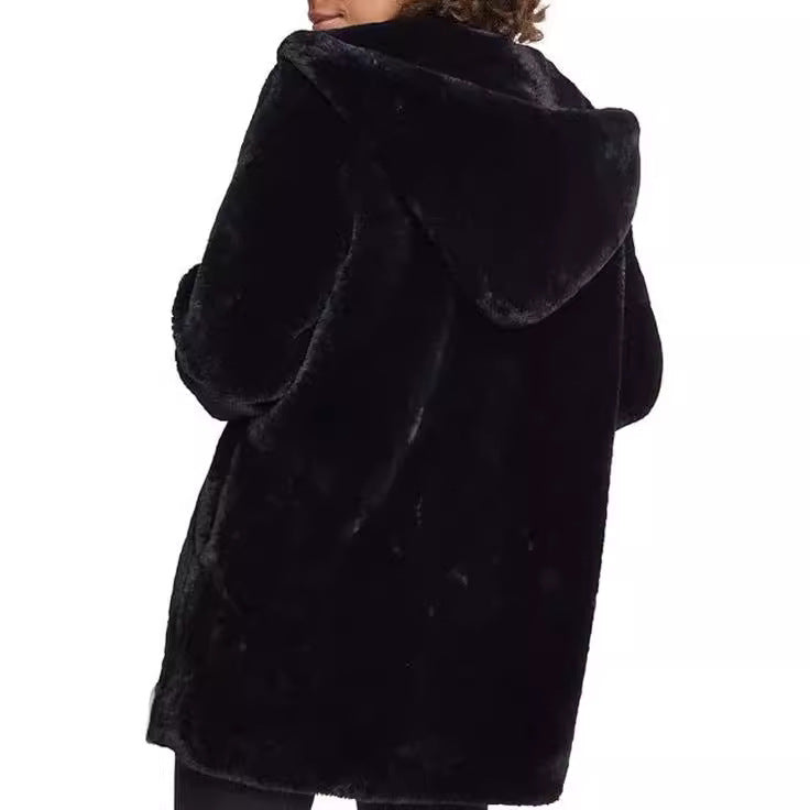 Women's Midi-Length Hooded Faux Fur Coat with Open Front and Lined Insert Pockets Chichicherry