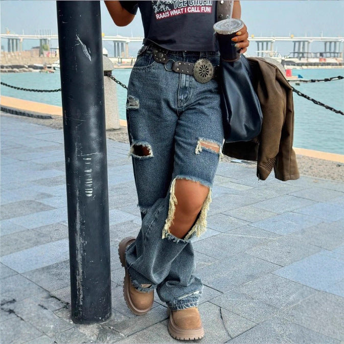 Women's Wide Vintage Ripped Jeans with High Waist, Large Knee Rips and Relaxed Straight Leg Chichicherry