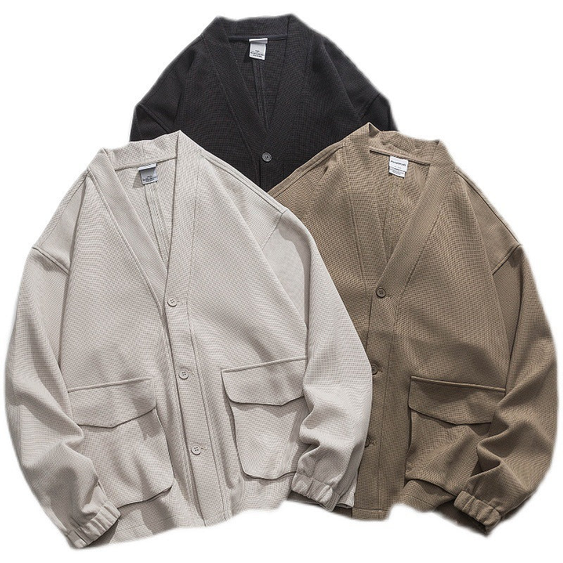 Unisex Oversize cardigan with large flap pockets and waffle texture Chichicherry